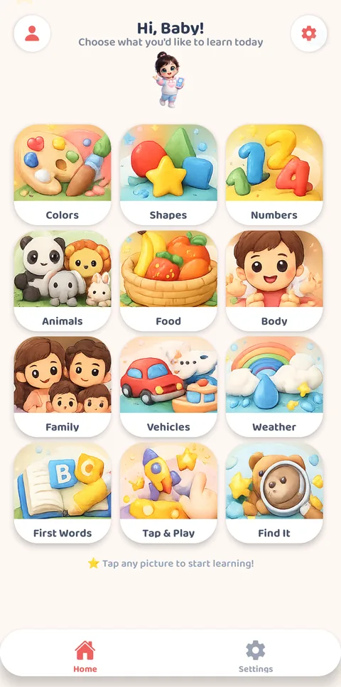 MIMI Babies home screen with 12 learning categories